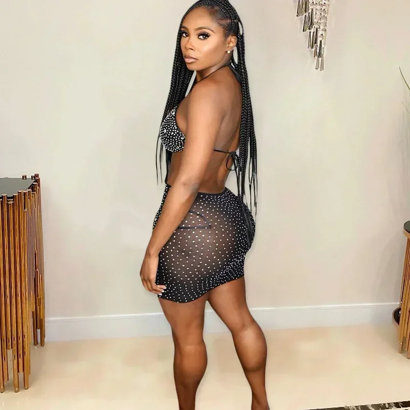 GUWU Spparkle negro Rhinestone ceñido al cuerpo Mini vestidos de mujer Glam cuello Halter recortado lentejuelas vestido corto de fiesta trajes de club nocturno