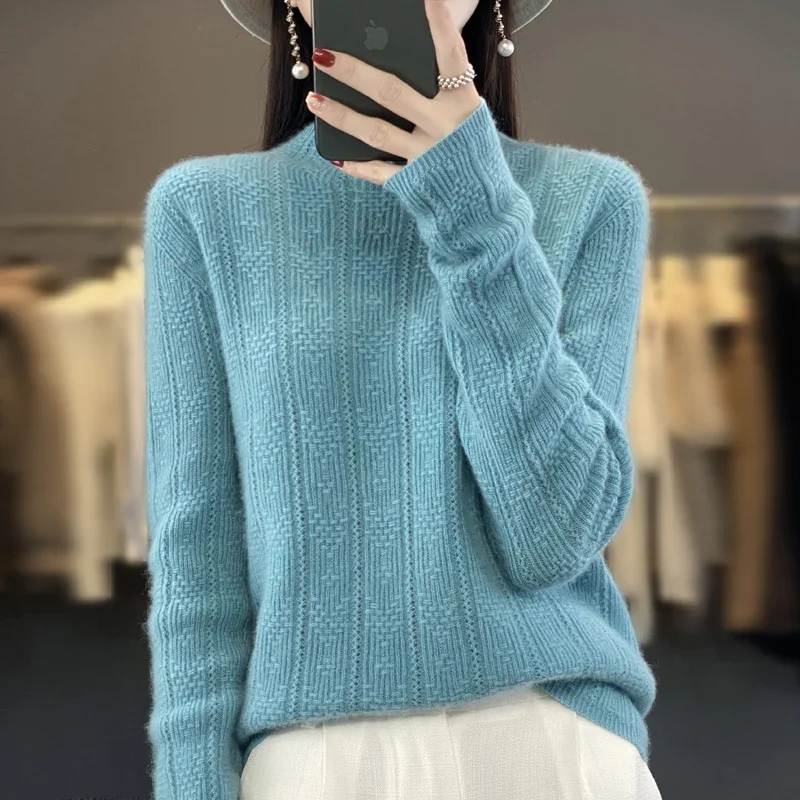 

100% Pure Wool Sweater Women Seamless Half-high Collar Hollow Pullover Autumn Winter Basis Casual Cashmere Knitting Floral Top