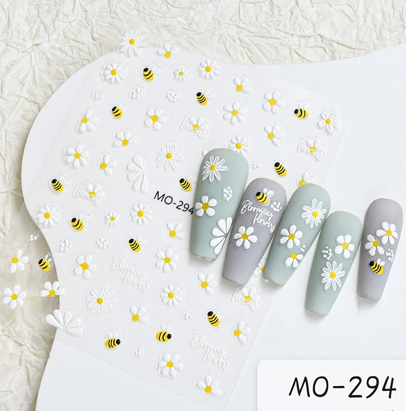 Em relevo Nail Art Adesivos, Margarida Branca Flores, adesivos Sliders, Decalques Decorações para Nail Dicas Manicures, 5D, Pequenas Contas