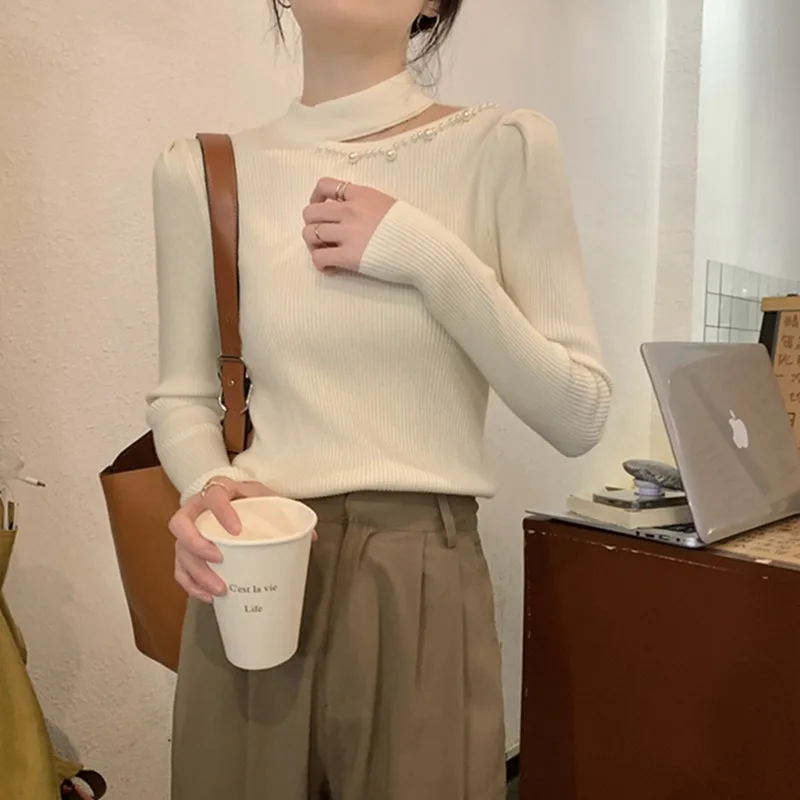 여성용 티엔드 f-하이 칼라 니트 베이스 셔츠 봄 가을 홀로우 아웃 디자인 슬림 핏 한국 스타일 출퇴근용