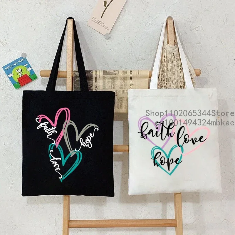 Faith Printed Heart Graphics Women Canvas Shoulder Tote Bag Casual Fashion Shopping Cases Bag Storage Handbag Christian Gifts