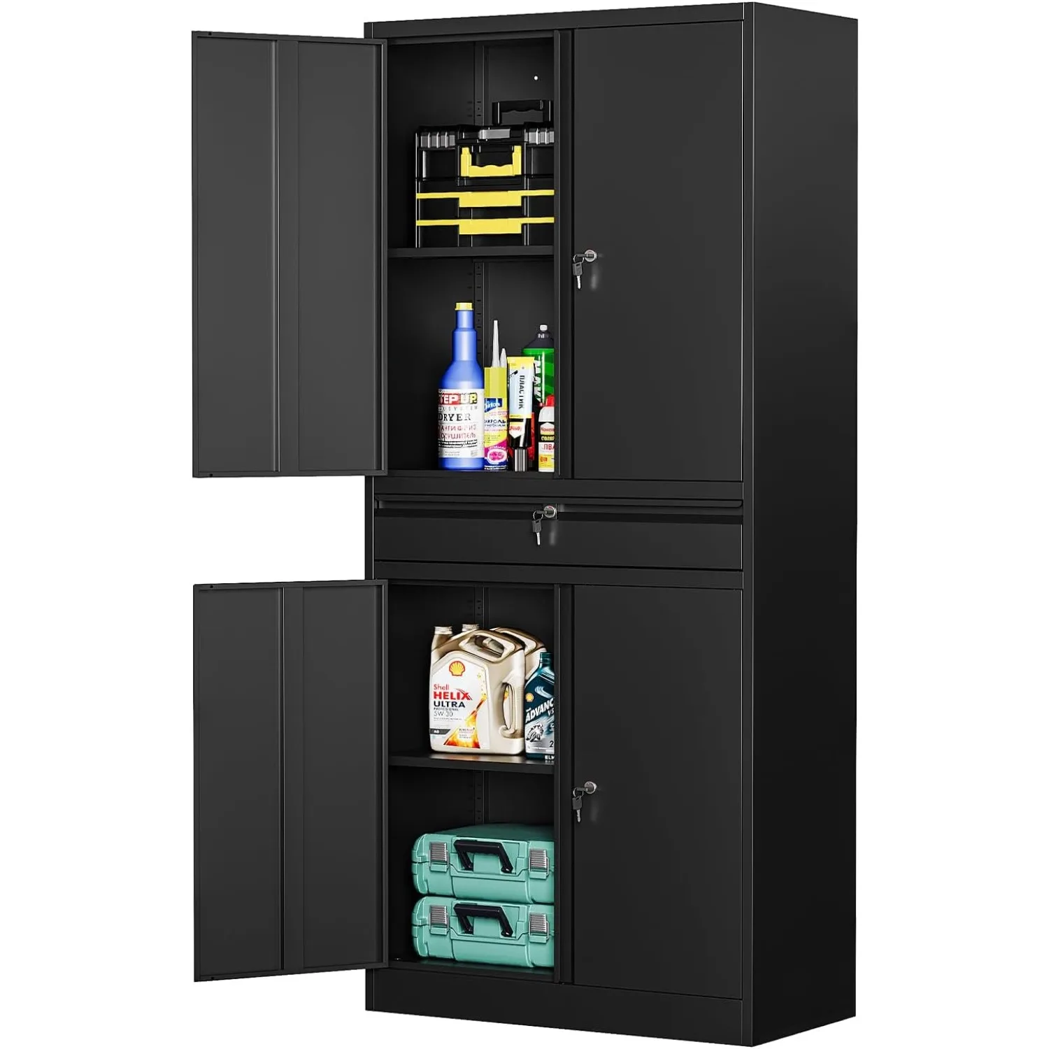 

Metal storage cabinets with drawers, black garage cabinets with 4 doors and shelves, garage, basement, storage room