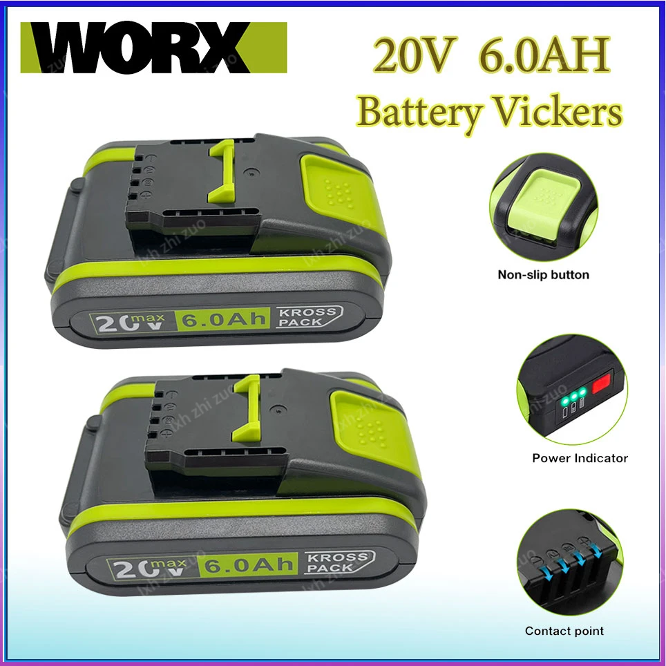 2023 New 20V 6000mAh Power Tools Rechargeable Replacement Battery Lithium for Worx WA3551 WA3553 WX390 WX176 WX178 WX386 WX678