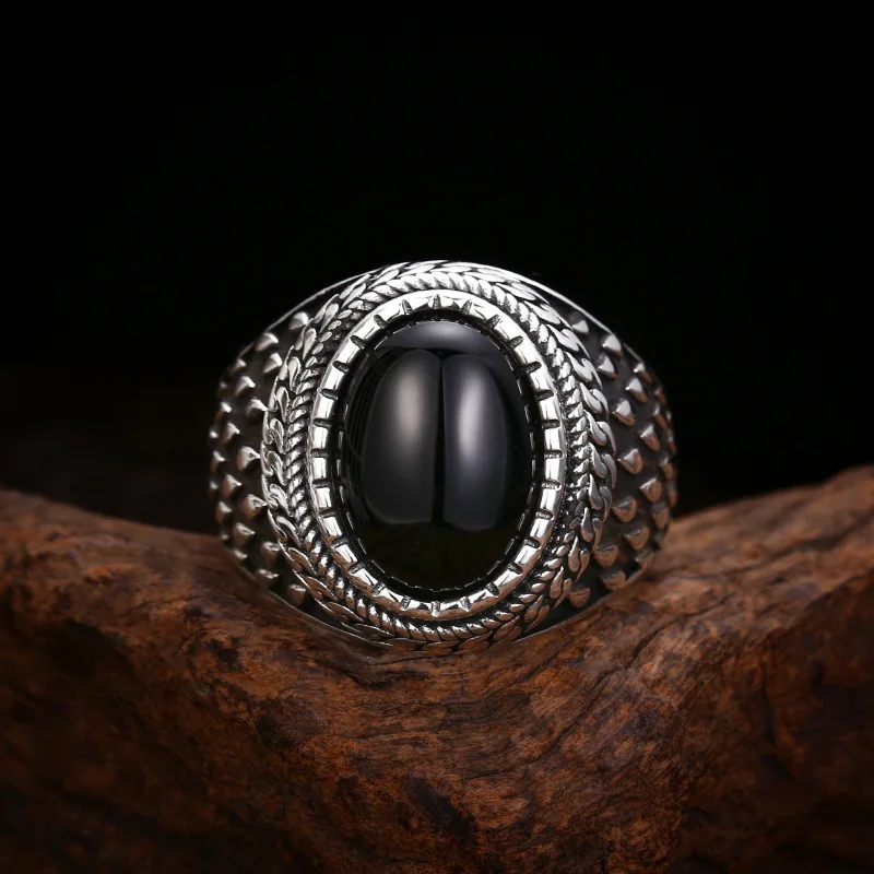 925 Sterling ,-Shaped Agate Ring, Open-End Thai Silver Vintage Jewelry