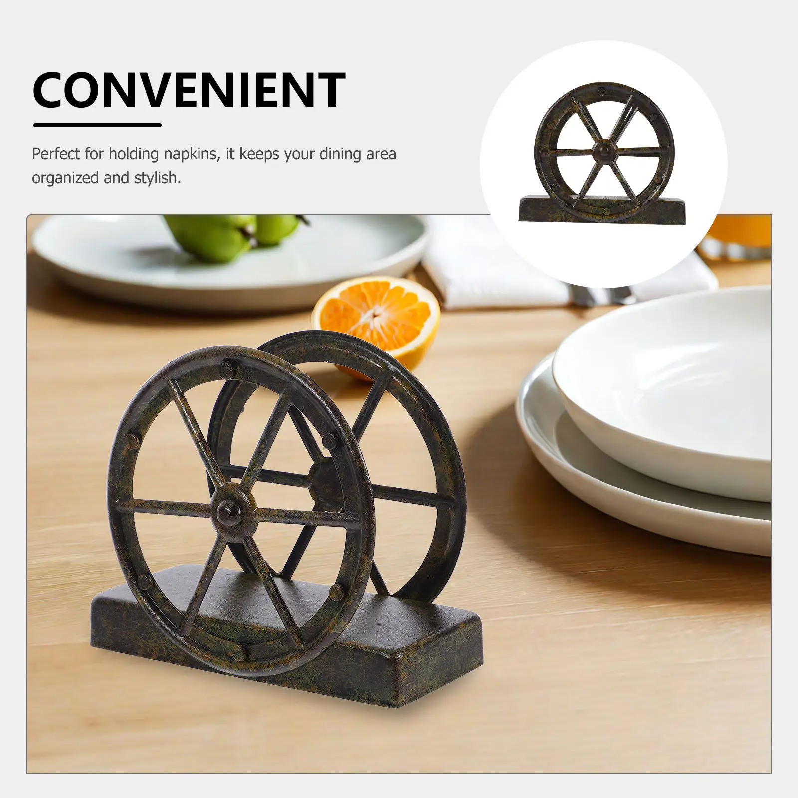 Vintage Cast Iron Napkin Holder Wheel Design Freestanding Rustic Farmhouse Tissue Dispenser for Kitchen Countertop Dining Table view 3