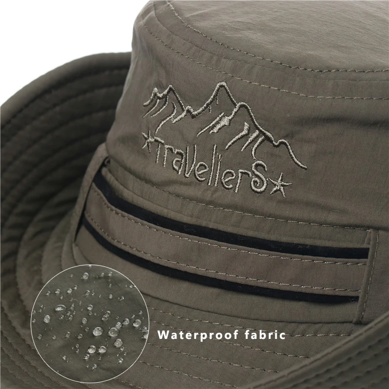 Men Bucket Hat Wide Brim Breathable Sun Hat Outdoor Waterproof Hiking Fisherman Cap Letter Embroidery UV Protection Basin Cap