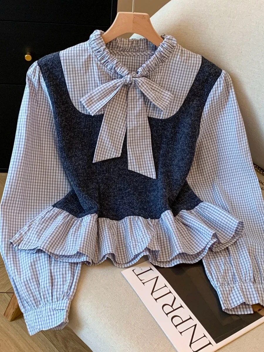 

Уникальный клетчатый топ Long Sve irt, женский осенний новый топ с узлом и узлом, облегающий топ для колледжа