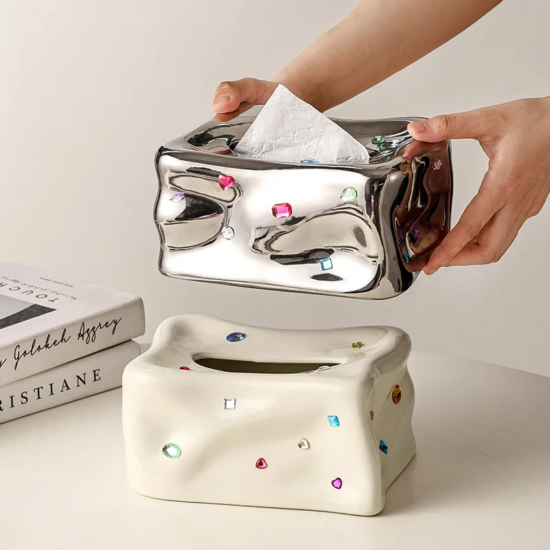 

Creative Art Gemstone Ceramic Tissue Box Luxury Dining Table Napkin Storage Box Square Extractable Tissue Box Home Decoration