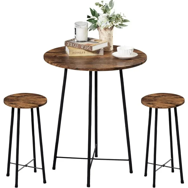 Small Bar Table and Chairs, Round Bistro Sets with 2 Barstools, 3-Piece Pub Dining Furniture, Counter Height Wood Top