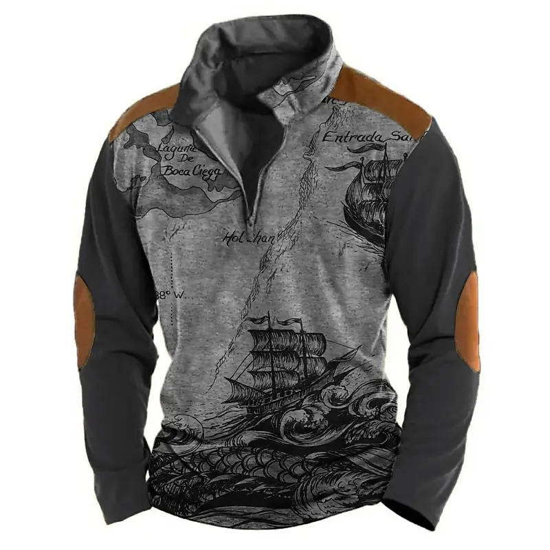 Nautical Map Compass Print Half Zip Long Sleeve Sweatshirts Autumn Street Vintage Clothing Fashion Stand Collar Loose Men's Tops