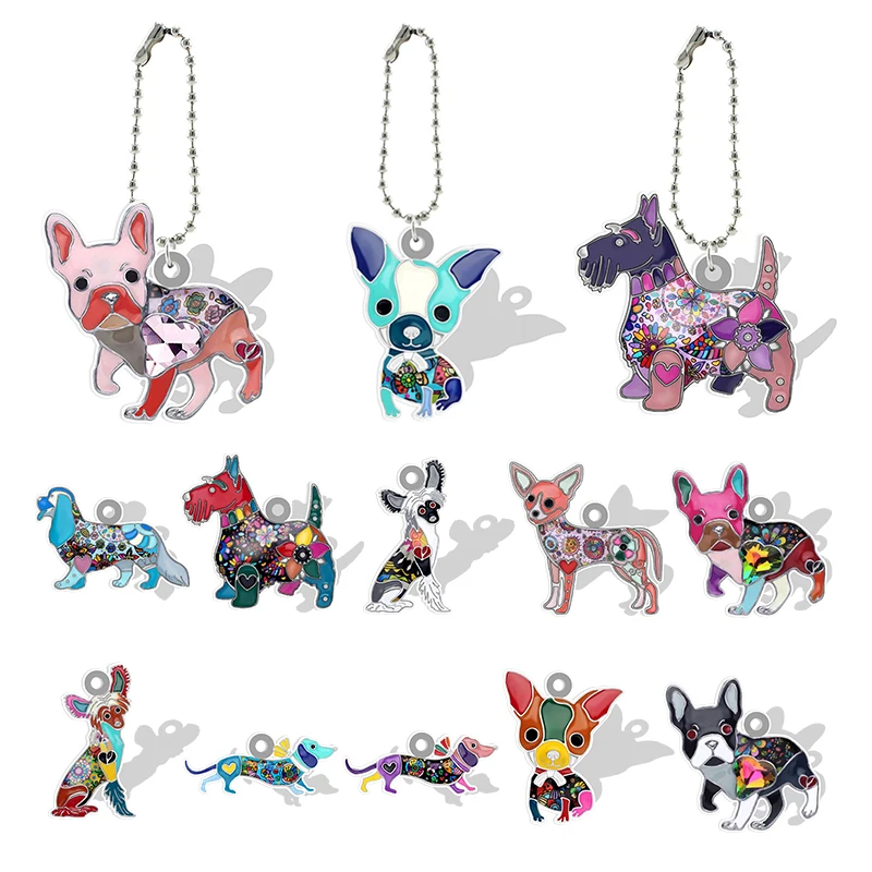 Chihuahua Pug Poodle Teddy Bulldog Keychains Acrylic Key Chains Resin Colorful 2D pendants Keyholder Keyring Jewelry QDW146