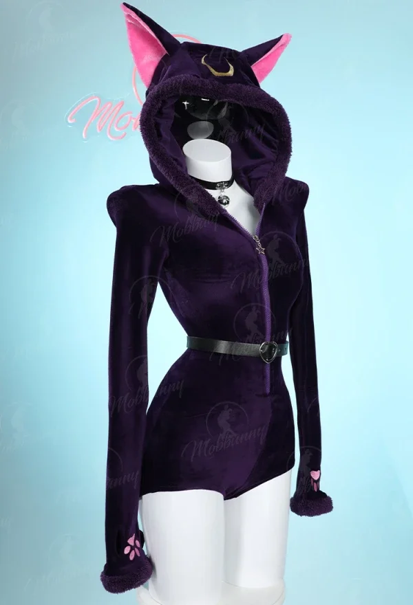 Mobbunny Luna Cosplay Fluffy Bodycon Romper Purple Lingerie Hooded Bodysuit Homewear with Tail Belt and Socks Cosplay Costume