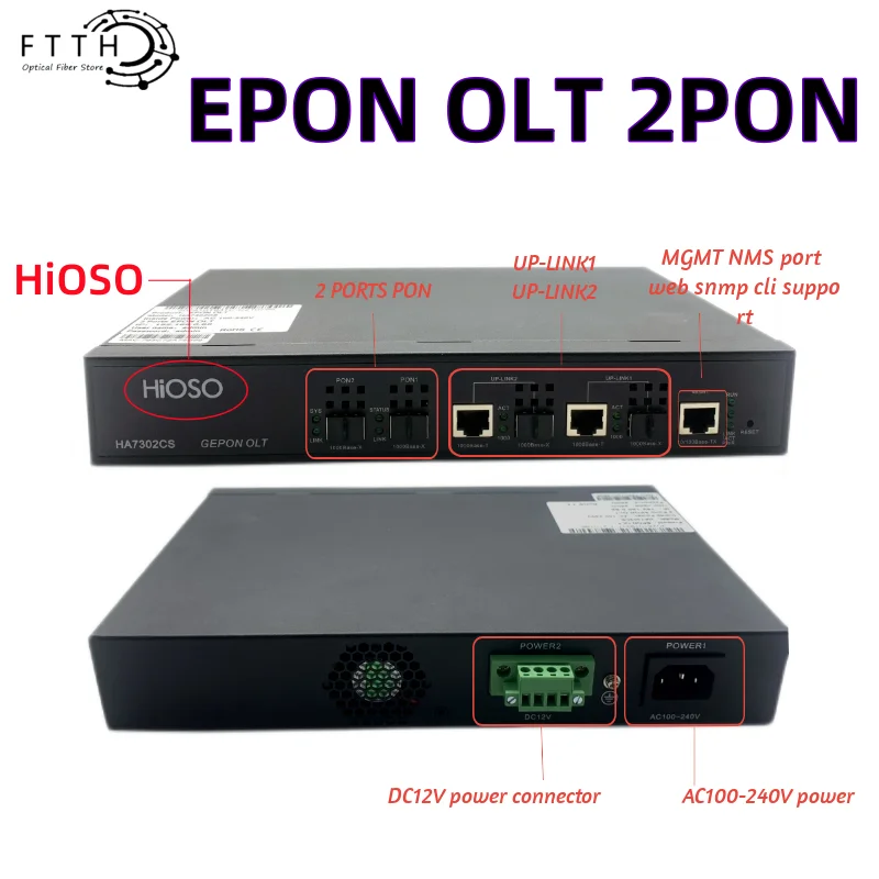 

HIOSO 2-портовый EPON OLT 2PON AC100-240V с разъемом постоянного тока 12 В POWERWEB SNMP CLI, совместимый с HUAWEI ZTE FIBER HOME EPON XPON ONUs
