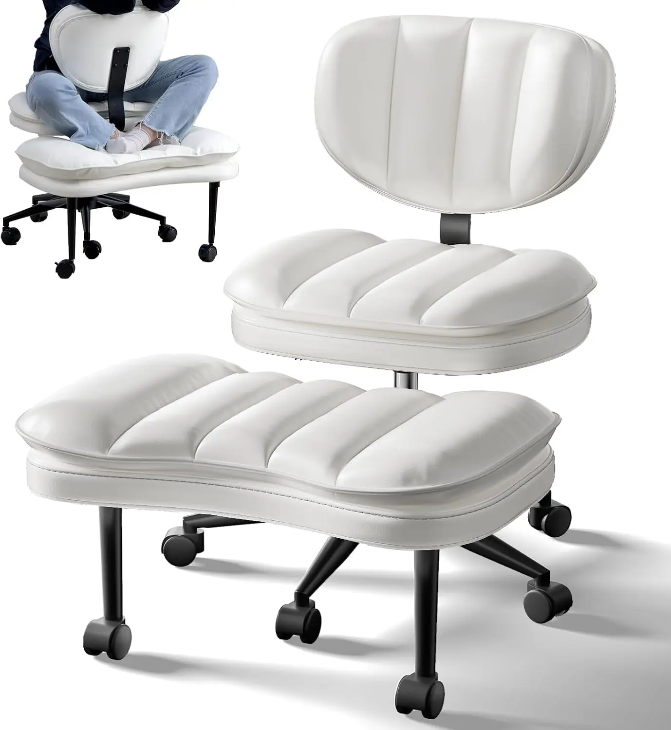 Extra-Wide & Tall Cross-Legged Office Chair – Deeply-Padded Cloud Seat, Ergonomic Back Support, Adjustable Height for ADHD & Meditation, White