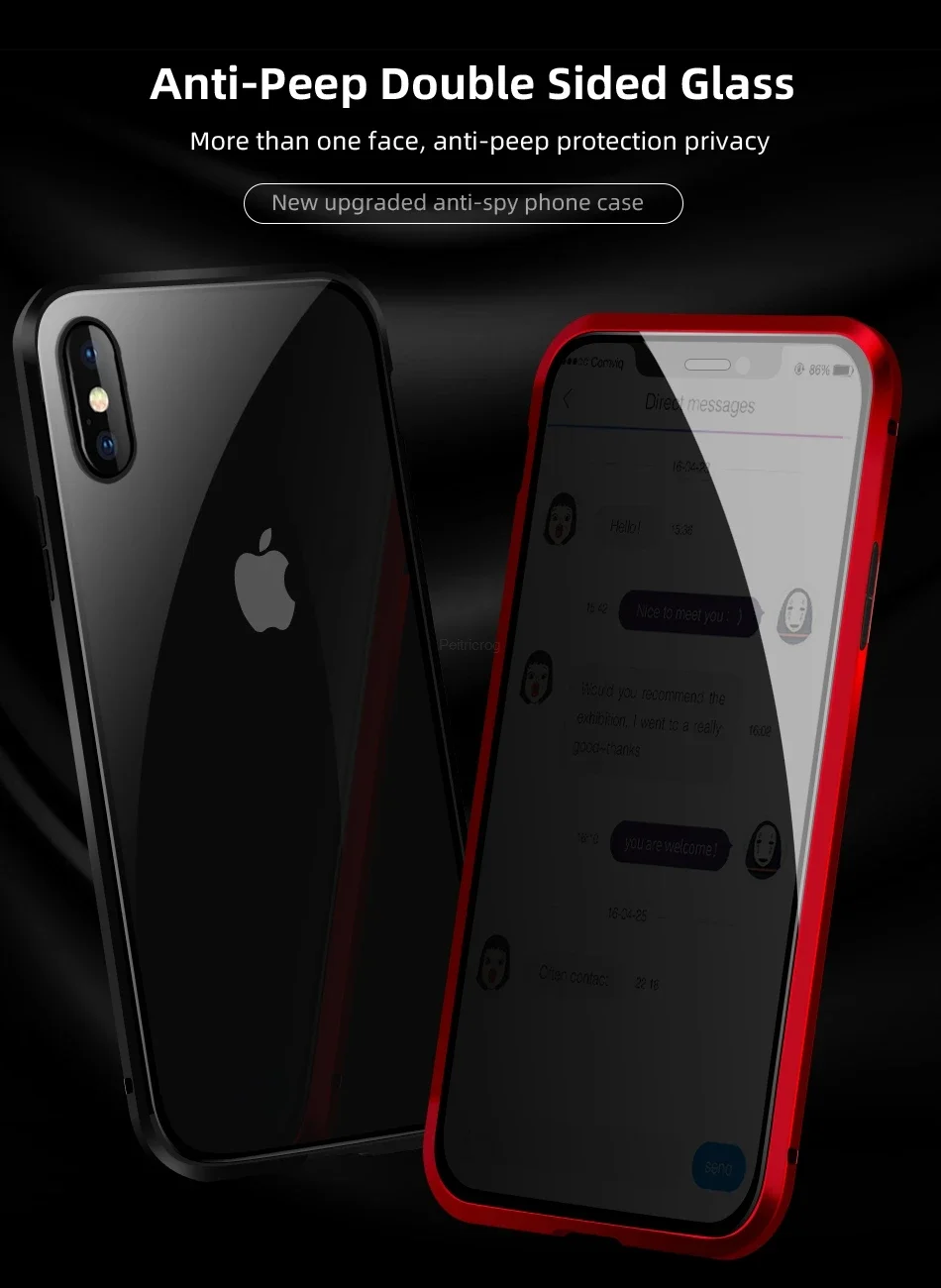 Magnetisches Gehäuse aus gehärtetem Glas mit Sichtschutz für iPhone 17 16 15 14 13 12 XR 11 Pro MAX X Plus 360 Magnet Antispy Schutzhülle – Detail 1