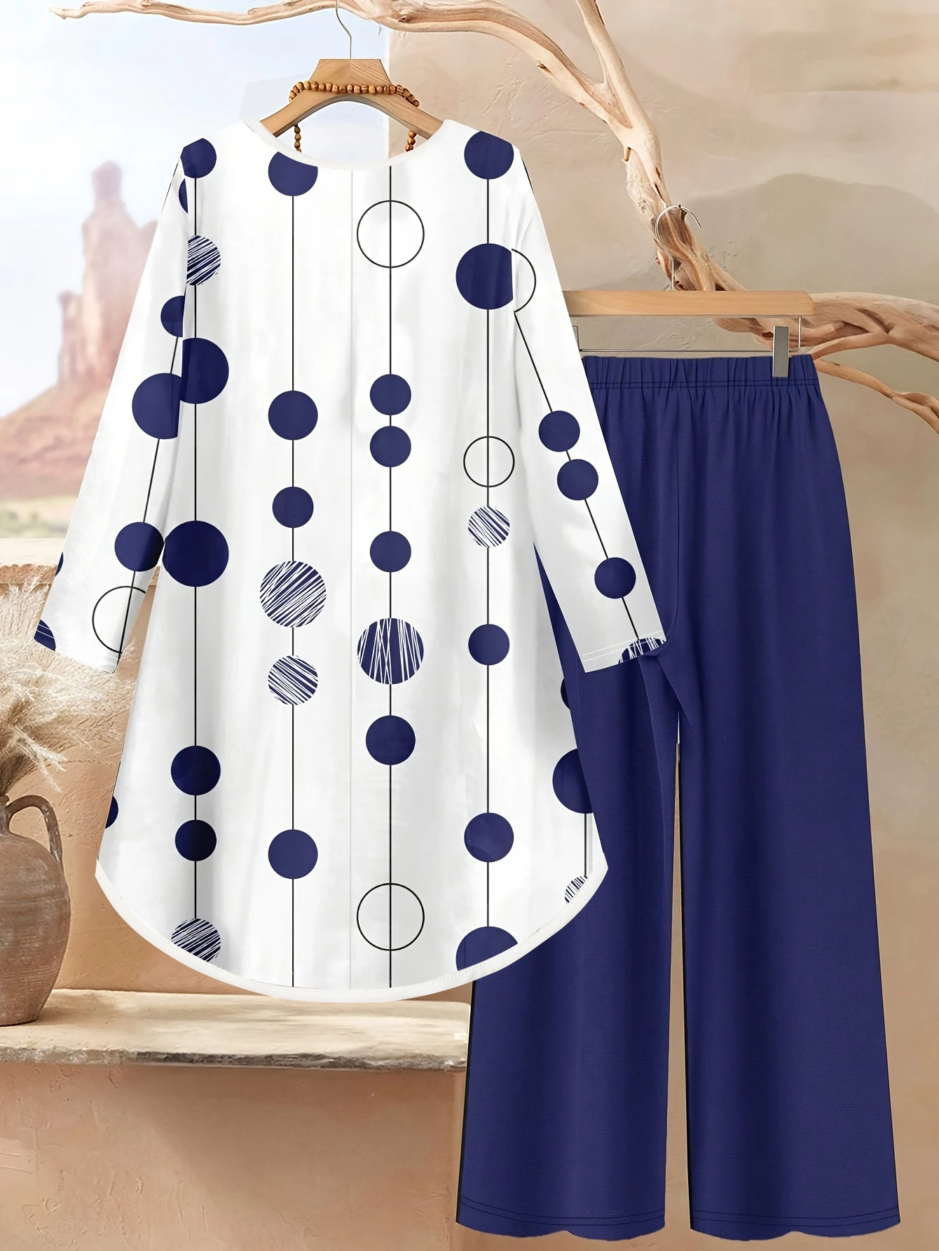 Women's Fashion Two-Piece Set - Spring/Summer Polka Dot T-Shirt Printed Two-Piece Set, Asymmetrical Top + Wide-Leg Pants - Suitable for Everyday and Party Wear