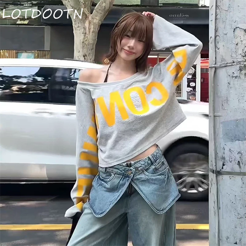 

LOTDOOTN Ретро Американский принт с открытыми плечами Длинный све Женские свободные лоскутные дизайнерские повседневные топы High Street Топы в стиле Харадзюку