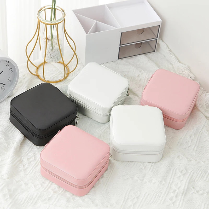 1pcs Single Layer Storage Box Ladies Travel Leather Jewelry Box Classic Black Pure White Fashion Pink Storage Box