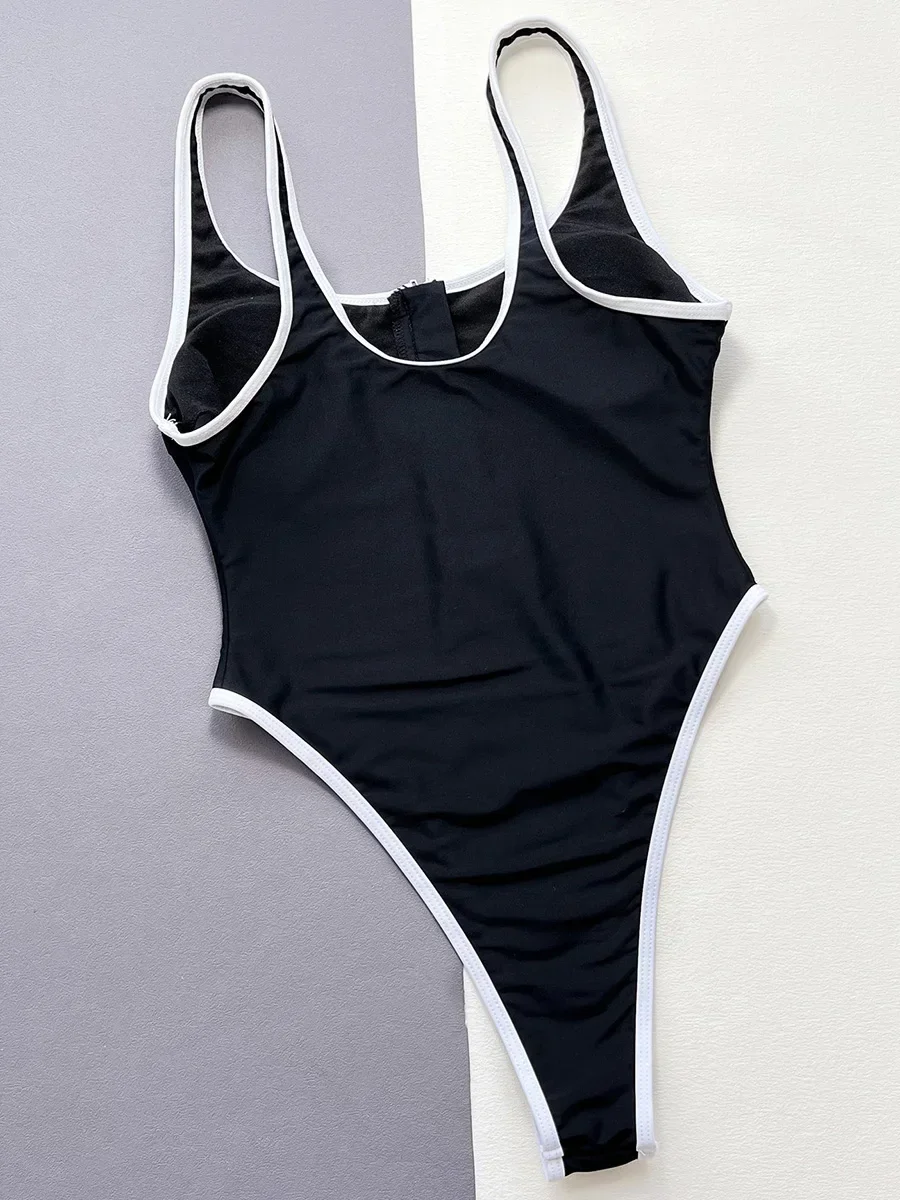2026 Sexy High Cut Zipper Splicing Women Swimwear One Piece Swimsuit Female Monokini Black Contrast Bathing Suit Swim Beach Wear