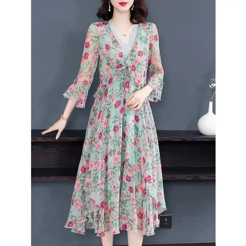 Printed Chiffon Dress Female 2023 Summer New Fashion High-End Temperament Floral Fairy Skirt Mid-Length Over-The-Knee Skirt