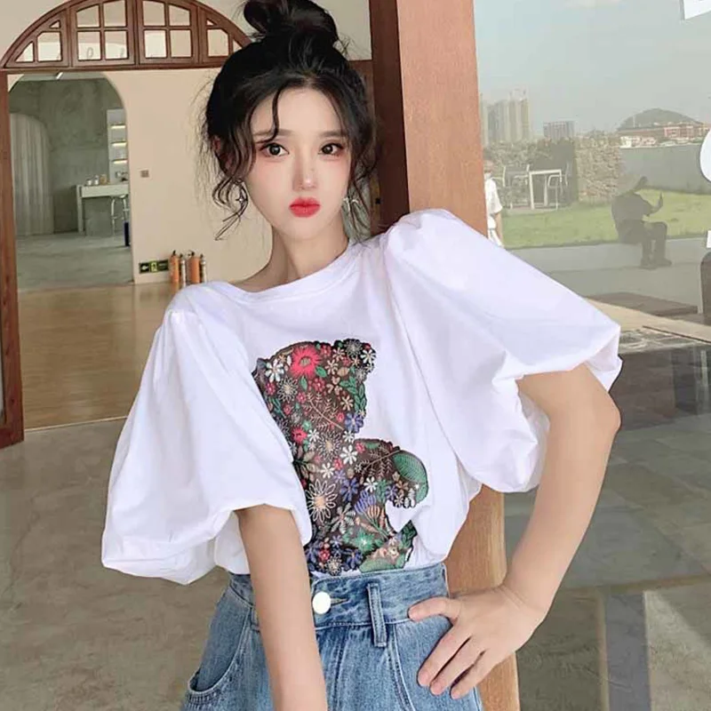 Stylish O-Neck Loose Printed Folds Puff Sleeve Blouse Female Clothing 2023 Summer New Casual Pullovers All-match Korean Shirt