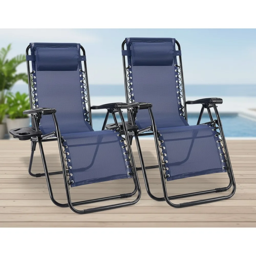 

Zero Gravity Recliner Chair Set of 2, Portable Folding Outdoor Lounge with Cup Holder & Pillow for Beach Camping Poolside