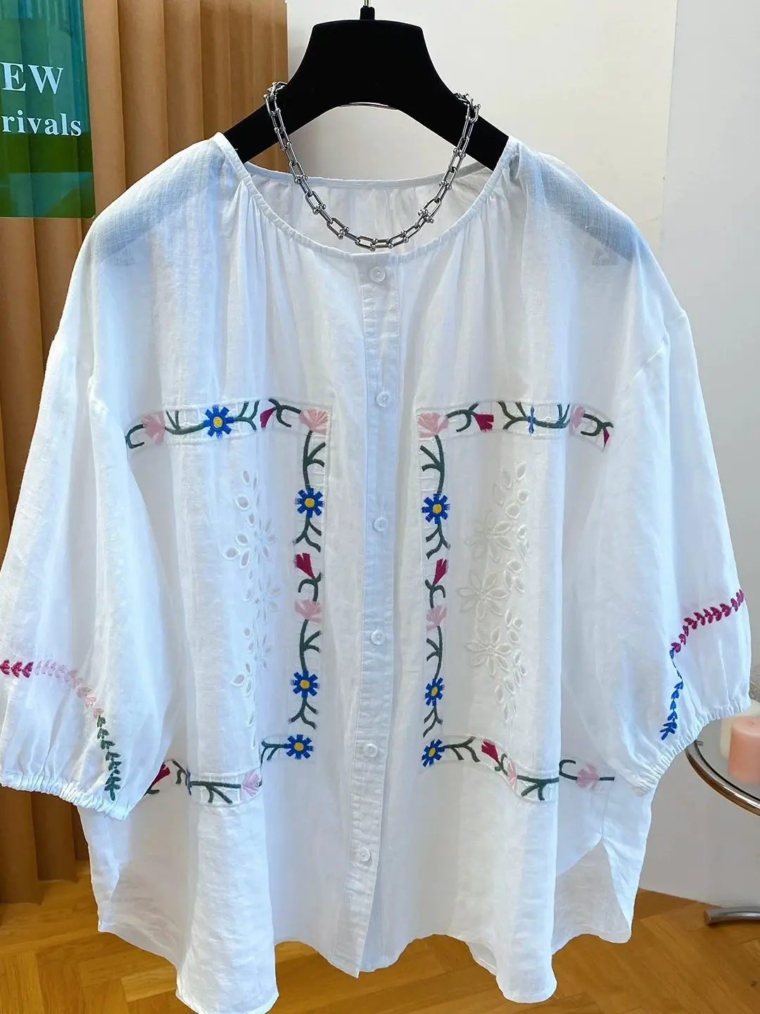 

Loose Fit Lantern Sleeve Open Cardigan Large Size round Neck Plant Floral Doll Shirt Comfortable Breathable Casual Summer Shirt
