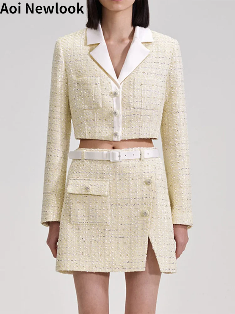 Fashion Commuter Yellow Tweed Suit Women 2023 Autumn New High Quality Luxury Diamond Short Blazer Coat+Skirt Elegant 2-Piece Set