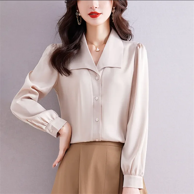 

Silk Shirt Women Blouses Solid Color Tops Square Neck Long Sleeves Casual Women Clothes Shirts Temperament Office Women's Shirt