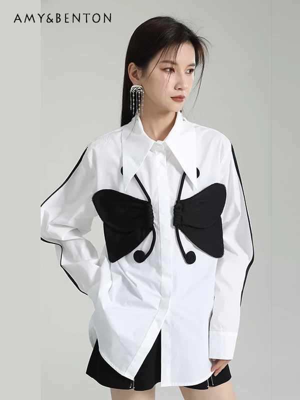 

High-Grade Heavy Industry Three-Dimensional Butterfly Long Sleeve Blouse Women Commute Style Fashion Color Matching Loose Shirts