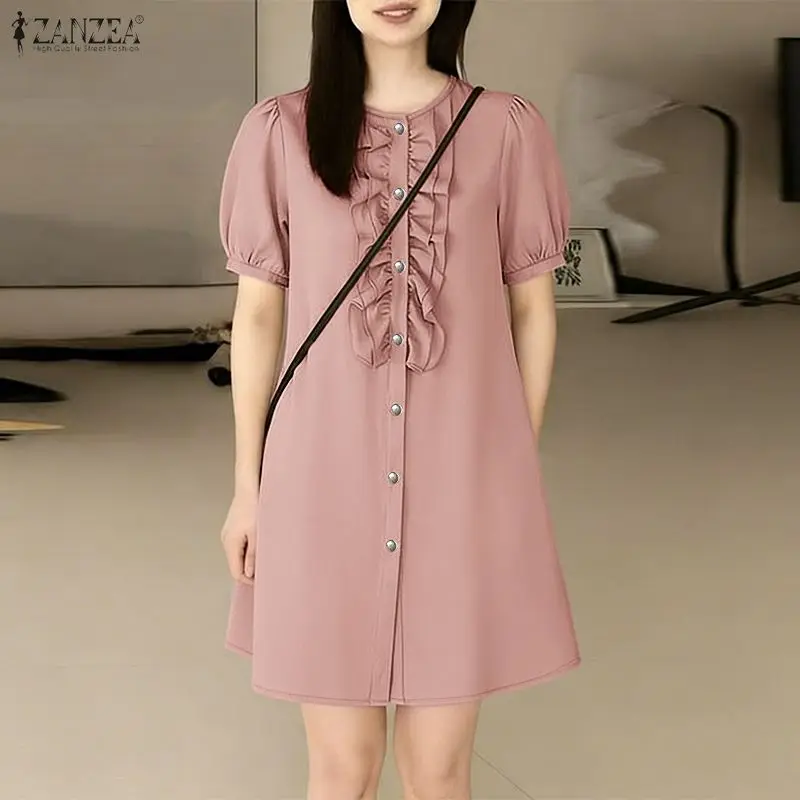 

ZANZEA 2026 Summer Women O Neck Short Sleeve Holiday Dress Elegant Ruffled Work Dresses Casual Sundress Solid Buttons Vestidos