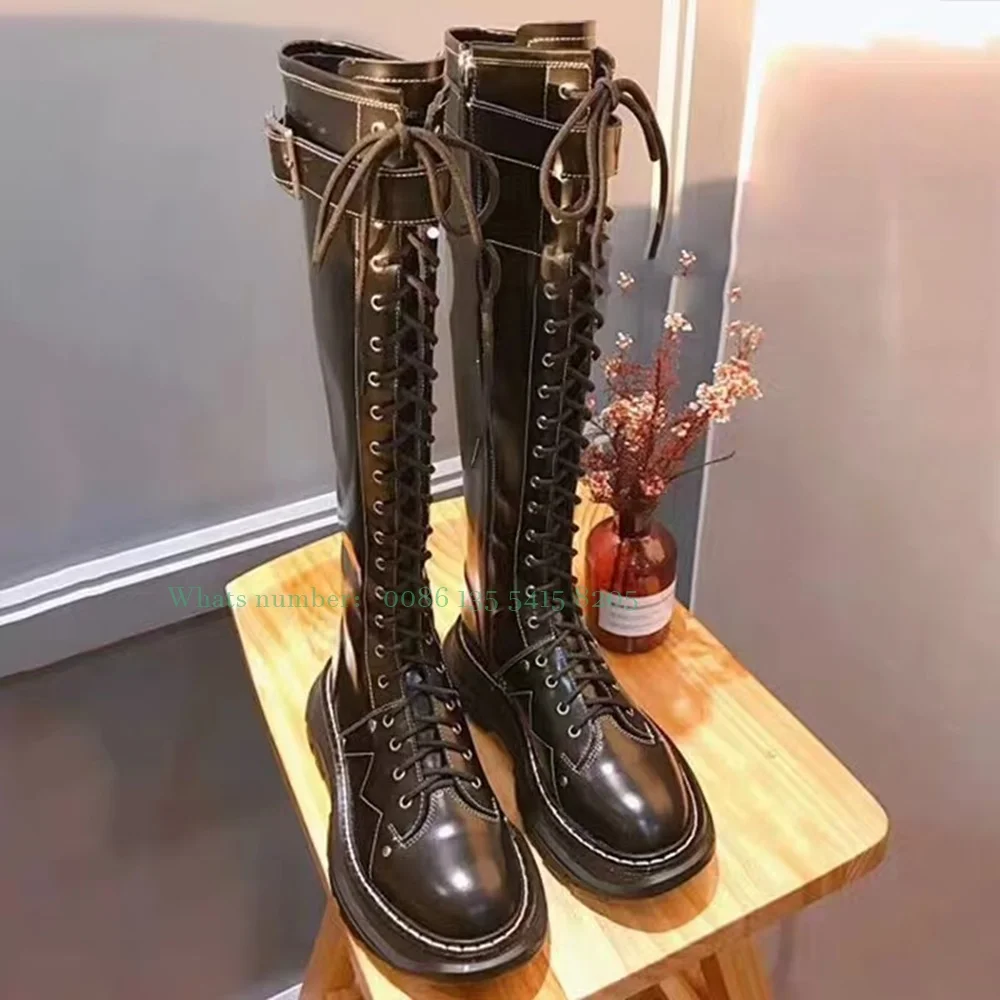 Long Boots 2023 Autumn New Locomotive Beaded Knight Boots with Thick Sole Knee High Boots for Women Black Lace Up Shoes Casual