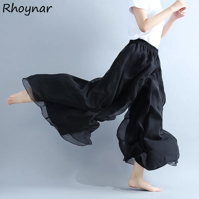 

High Waist Casual Pants Women Summer Female Gentle Elastic Thin Loose Comfortable Drape Chiffon Korean Style Fashion Popular