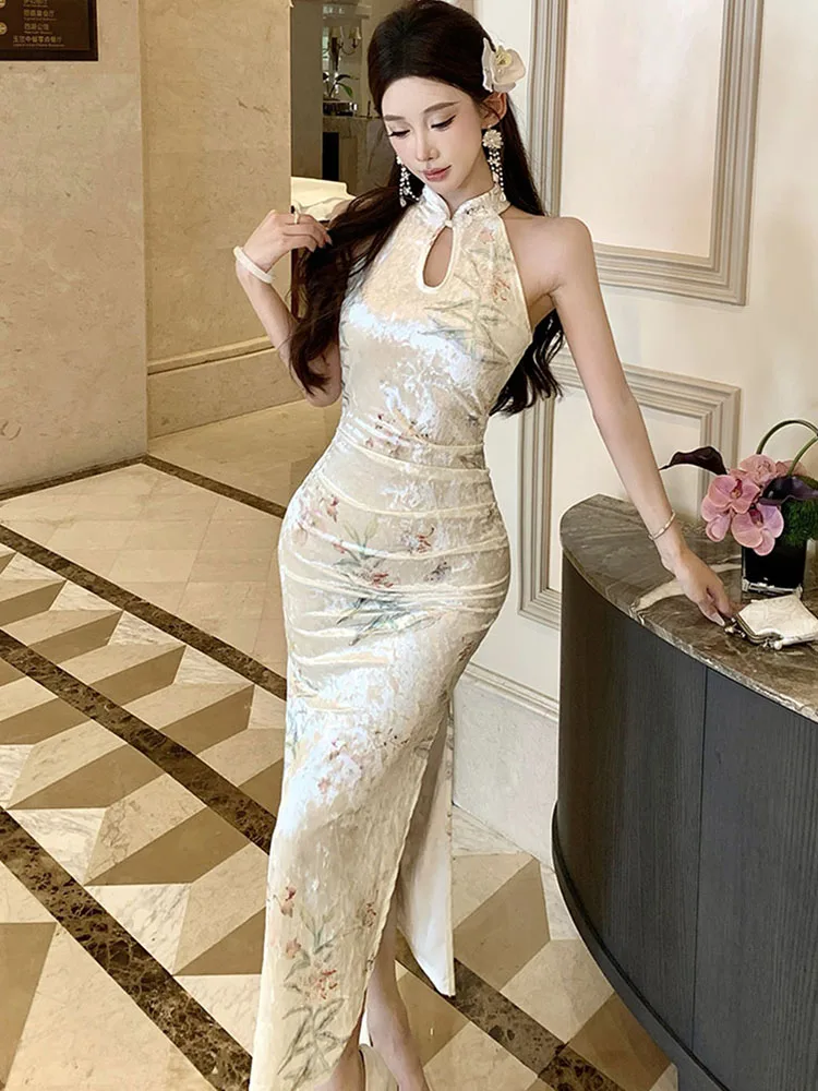 2025 vestido largo Sexy de terciopelo Floral elegante con cuello para mujer vestido de fiesta de lujo Vintage coreano Otoño Invierno vestido de noche elegante