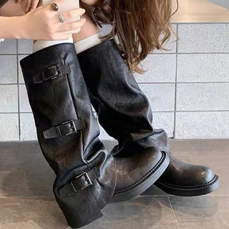 

High-end Long Boots for Women's Mid Heels Designer Knee High Shoes Leather Fashion Motorcycle Gothic Boots Walking Mujer Botas