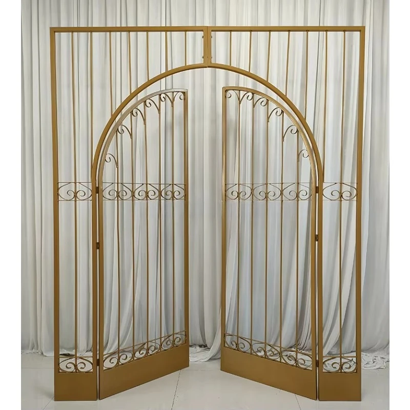 Gold background wedding metal frame arched flower stand display door background