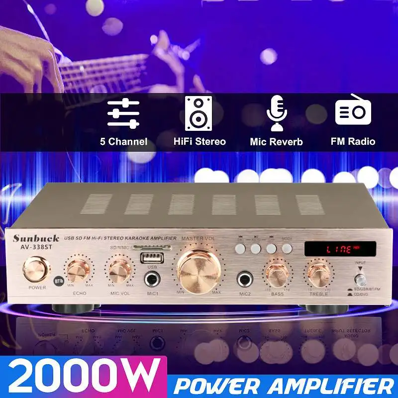 SUNBUCK 2000W 50/60Hz HIFI Digital Stereo Audio Power Amplifier Speaker 5 Channel Support 2 Microphone AUX Input AV-338ST