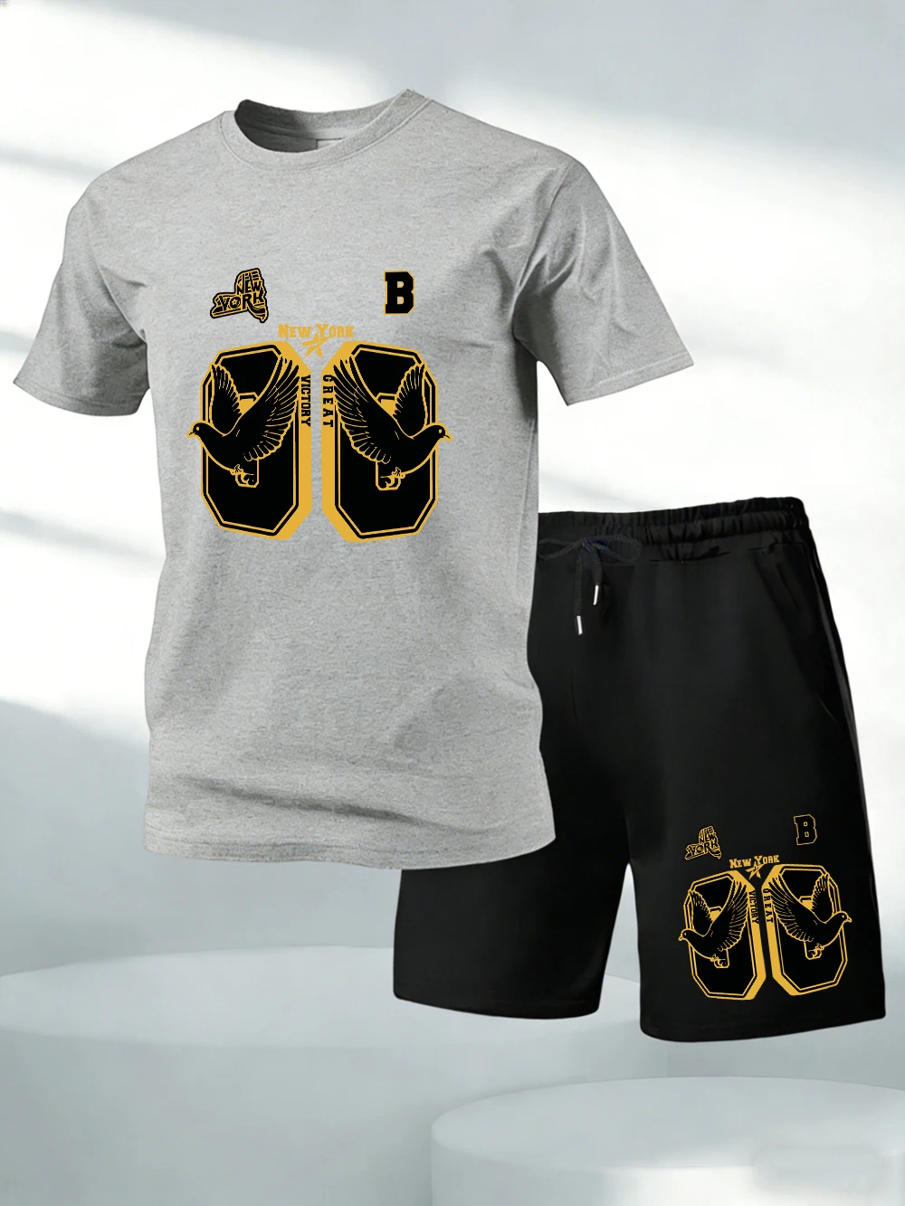 

Two Pieces Set New York Great Victory Pigeon Cotton Tops Shorts Mens O-Neck Oversized Soft T-Shirts Pocket High Waisted Pants