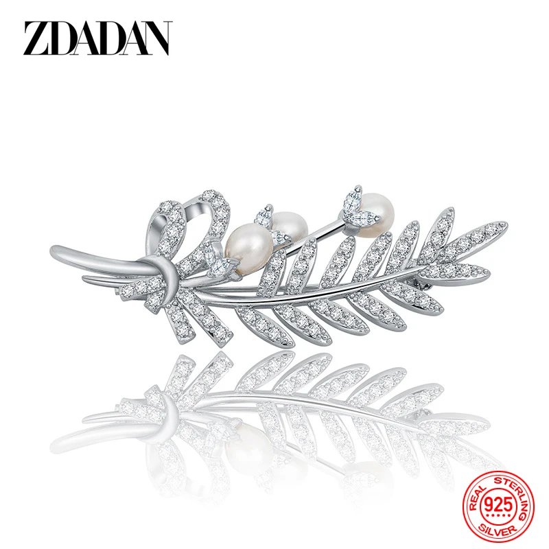 ZDADAN 925 Sterling Silver Leaf Crystal Brooch For Women Wedding Jewelry Accessories