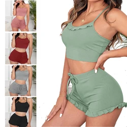 2 Pieces Set Women's Pajama Shorts Suit Button Ribbed Underwear Sexy Lingerie Camisoles Tanks Nighty Ruffled Loungewear Homewear