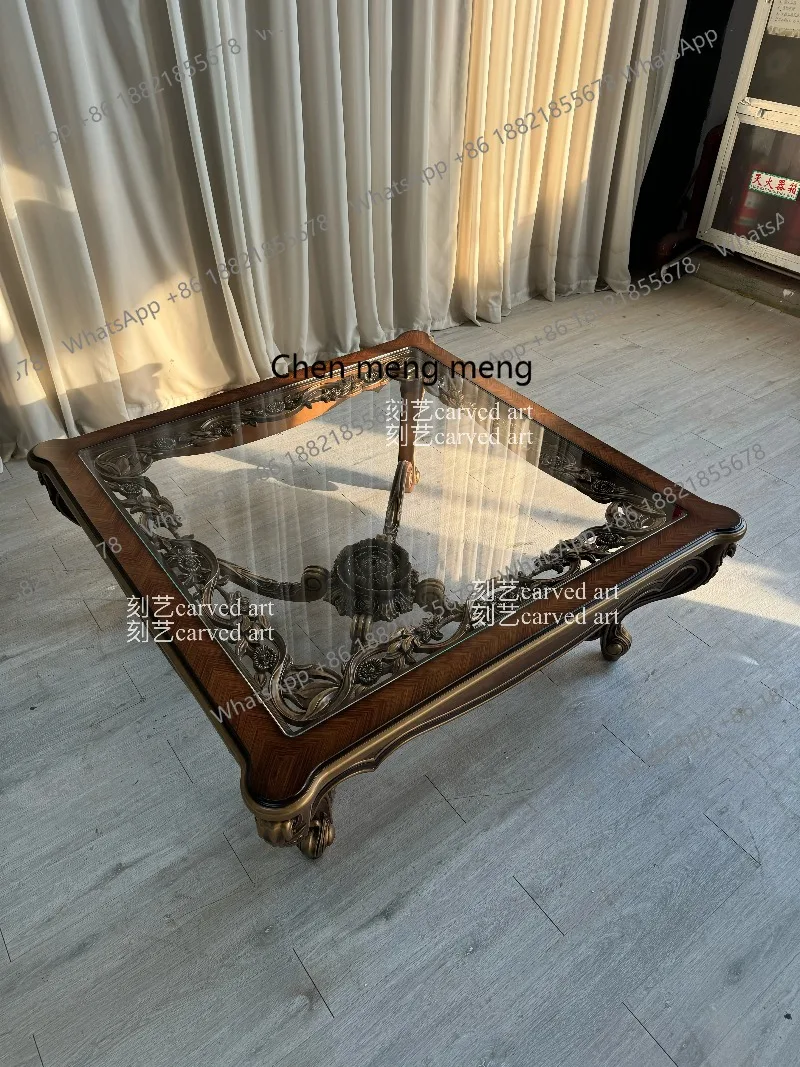 

Furniture, French retro solid wood carving flower coffee table European living room glass coffee table