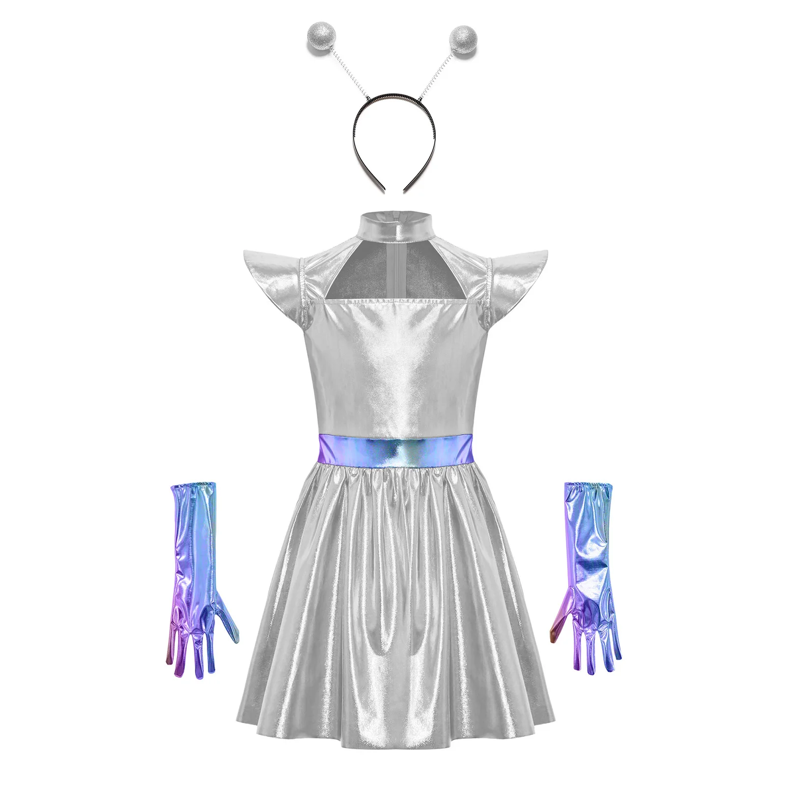 Girls Space Alien Costume 3 Piece Astronaut Cosplay Outfits Shiny Metallic Hollow Out Dress with Gloves and Hair Hoop Sets view 4