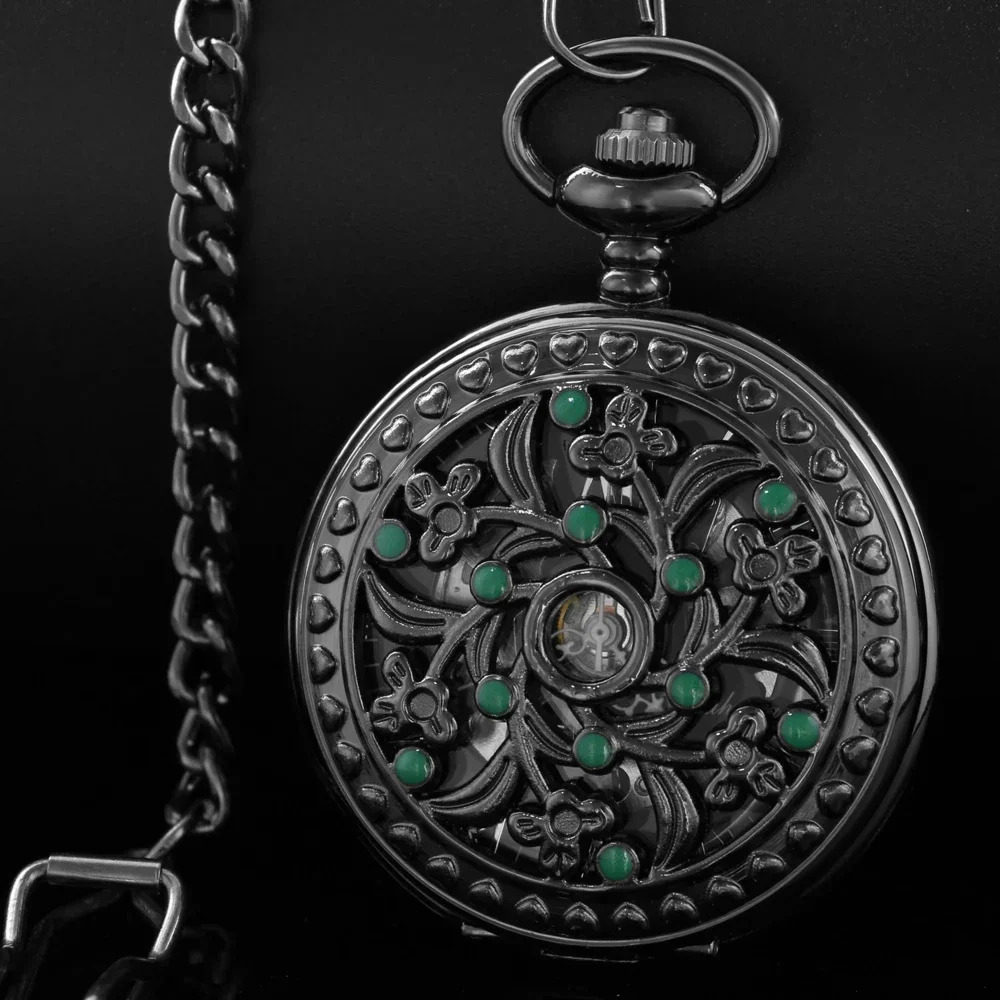 Hand Winding Pocket Watch Men Vintage Black Flower Green Dots Hollow Manual Mechanical Pocket Clock PJX1670