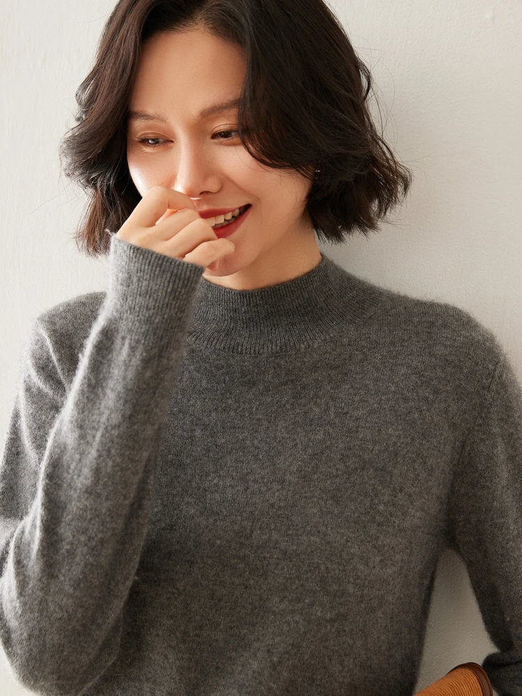

New Spring Autumn Womem's Cashmere Sweater Mock Neck Warm Pullovers 100% Cashmere Knitwear Female Casual Basic Clothing Tops