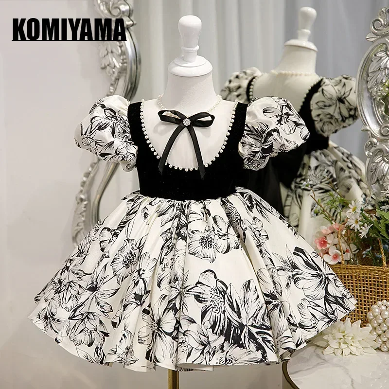 Vestidos personalizados con cuello redondo estilo palaciego con cordones y lazo para niñas, vestido de baile con estampado de flores y cuello redondo, Vestidos de fiesta de cumpleaños para niños Pri