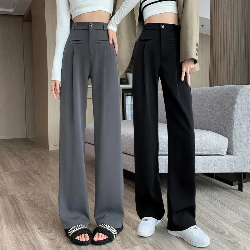 Calça feminina de cintura alta de perna larga, calça casual feminina de botões, moda coreana, solta, reta, primavera, outono, 2022