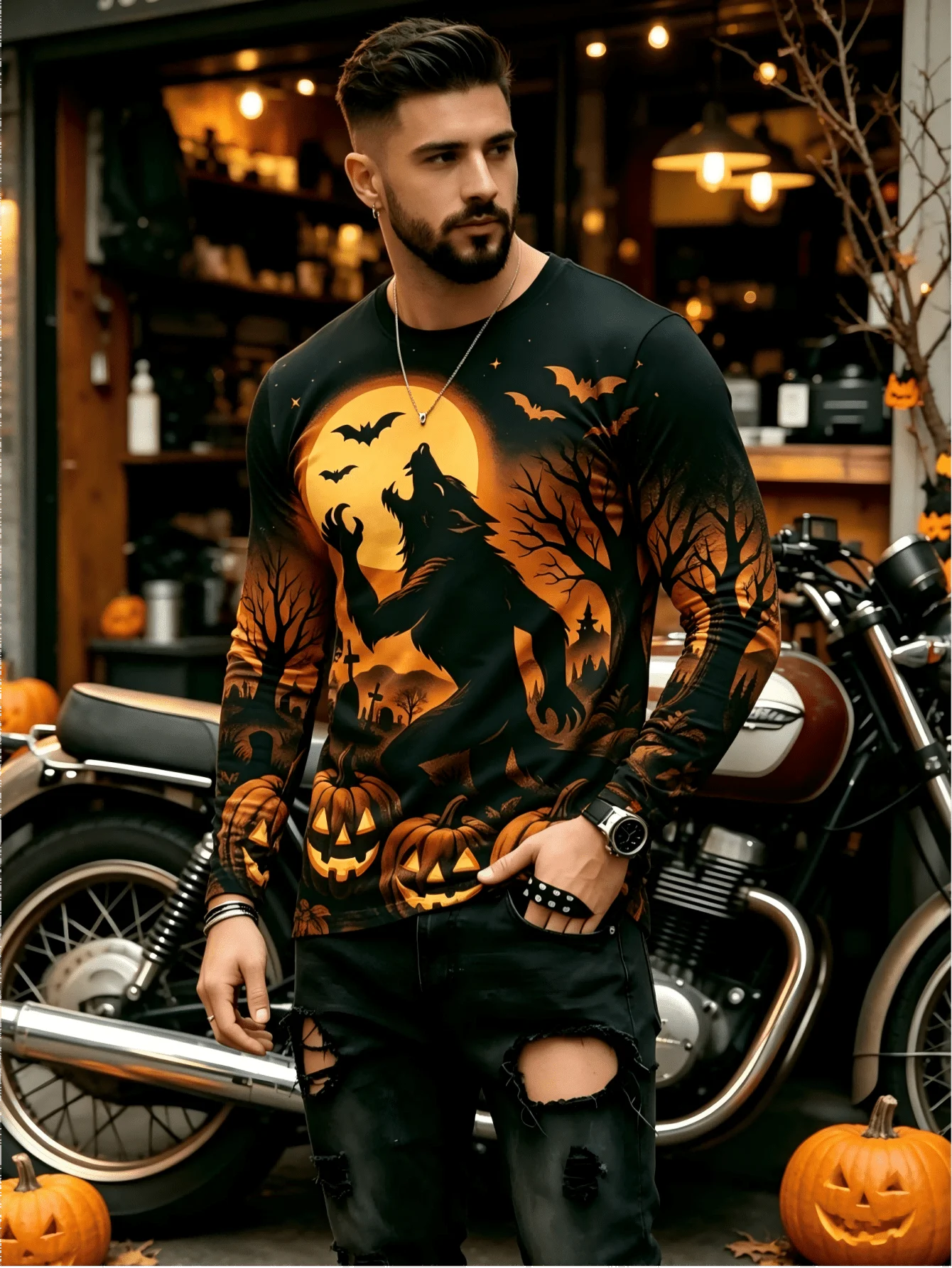 Men Long Sleeve T‑Shirt Werewolf Moon Bat Pumpkin Tomb Print Crew Neck Halloween Horror Casual Tops