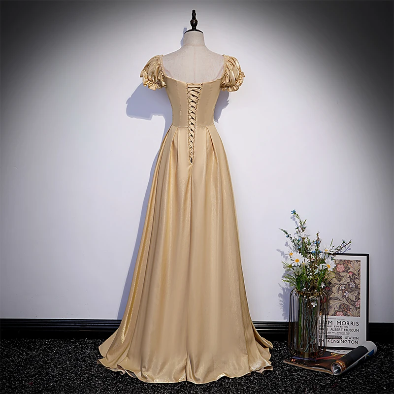 Evening Dress Yellow Shiny Satin Bling V-neck Pleat Short Sleeves Lace up A-line Floor Length Plus size Lady Party Dresses B2380