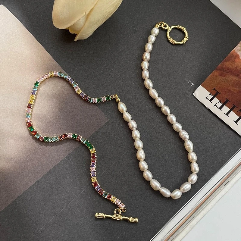 

Colorful Zircon Natural Freshwater Pearl Necklace Versatile Fashion Collarbone Chain Temperament Jewelry Accessories for Women