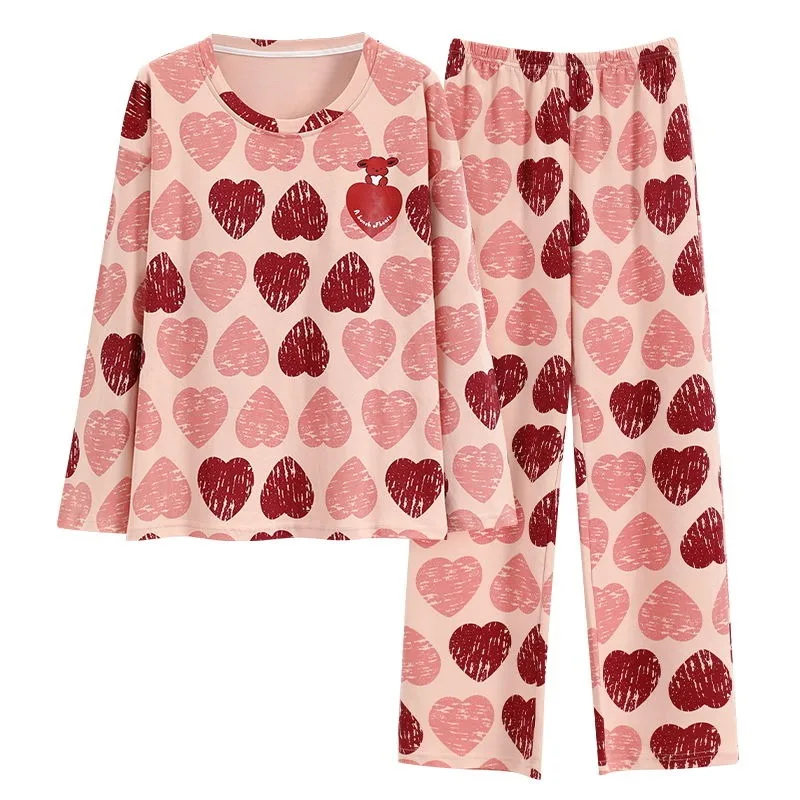2024 New Pajamas Women's Spring Autumn Sweet Cute Long-Sleeved Home Wear Casual Suit Round Collar Loose Female Sleepwear Set